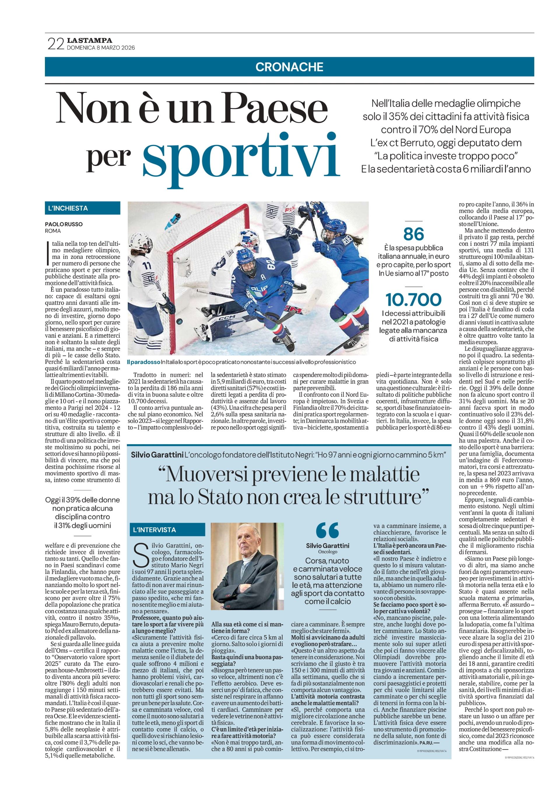 La Stampa 8/03/2026 - Non è un paese per sportivi